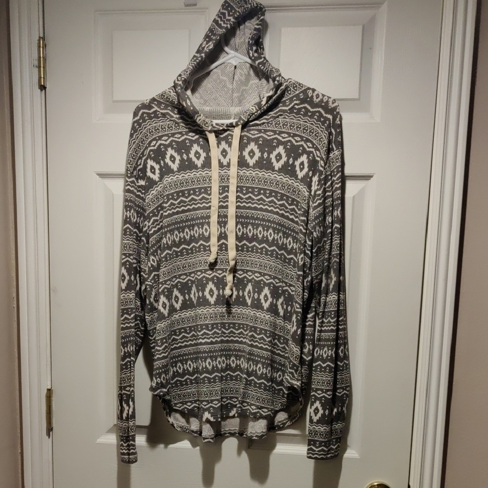 Gray Aztec Patterned Women's Hooded Long Sleeve Top By Honeyme